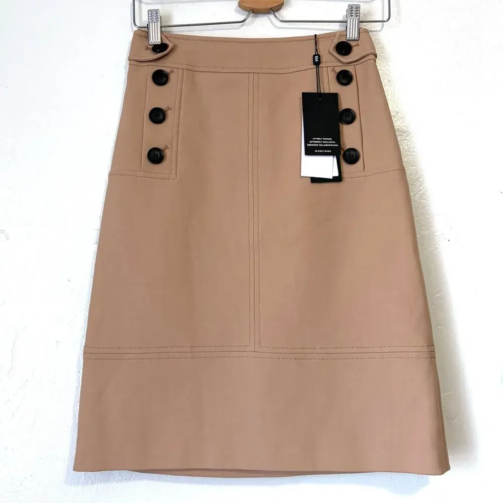 Karen Millen NWT Cotton Blend Button Detail A-Line Skirt Tan Size US 4 UK 8
